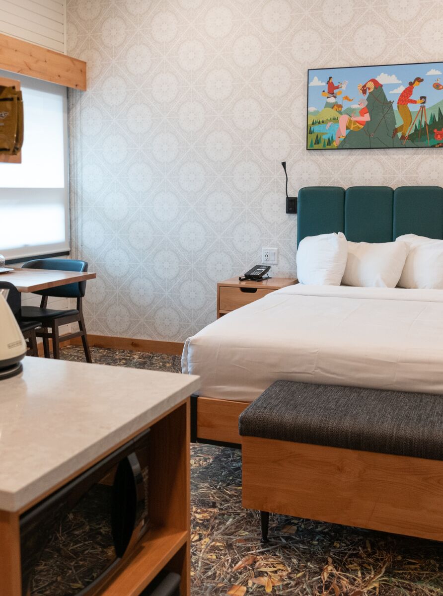 King bed room at The Dorothy Motel on Banff Avenue in Banff National Park